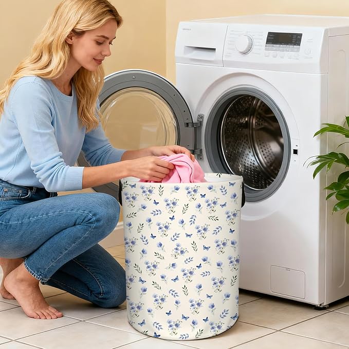 Flower Laundry Hamper, Waterproof Collapsible Laundry Basket for Bedroom, 43L Round Nursery Hamper Storage Bin with Handles for Toys, Storage Basket for Women Girls, Room Decor, 13.8x17.7 in