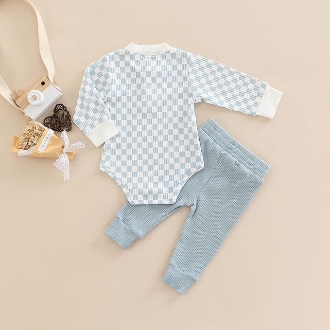 Newborn Baby Boy Girl Clothes Ribbed Knitted Cotton Long Sleeve Romper Long Pants Solid Color Fall Winter Outfits