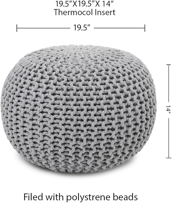REDEARTH · Round Boho Pouf Ottoman - Cable Knitted Cord Boho Pouffe - Stuffed Poof Accent Beanbag Footrest for Living Room - Nursery - Bedroom - Covered Patio - Study Nook (19.5"x19.5"x14") - Gray