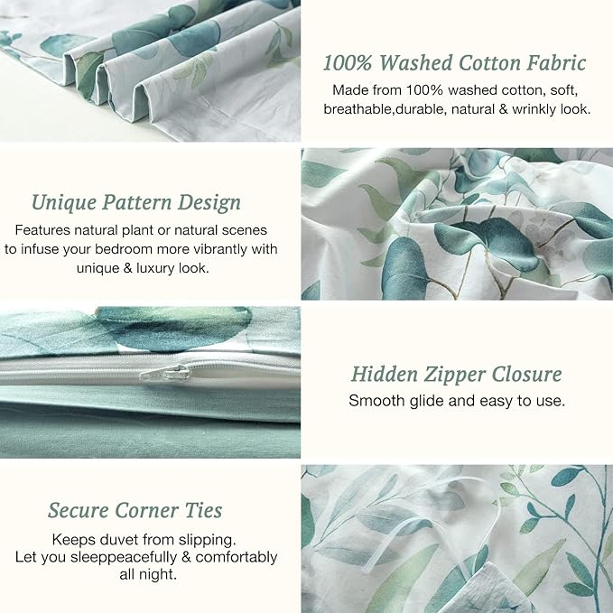 MILDLY Duvet Cover Leaf Pattern- 100% Washed Cotton Eucalyptus Printed Linen Feel Bedding Set Sage Green Comforter Cover with Zipper Closure 4 Ties King Size