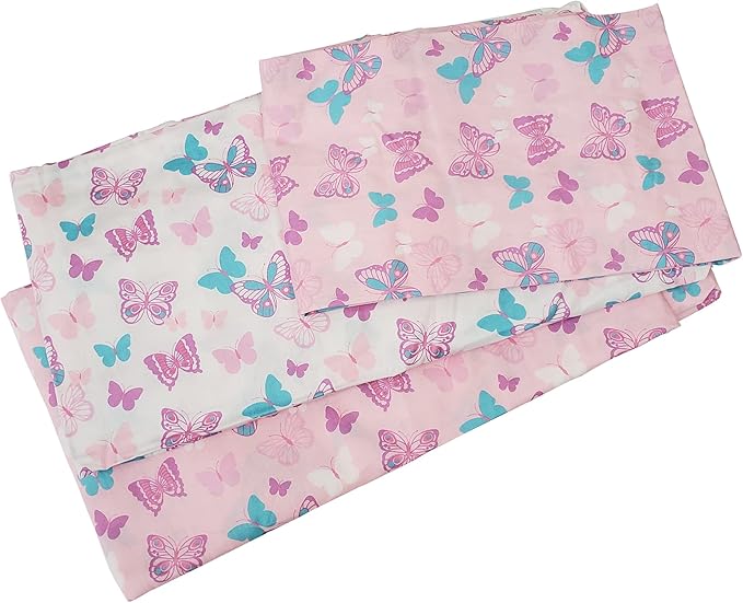 Frenchie Mini Couture, 3-Piece Kids Twin Sheets Bedding Set, 100% Woven Cotton, Includes Deep Pocket Bed Sheet (39 x 75 x 15in) + Flat Sheet (66 x 96in) + Pillowcase (20 x 30in) Butterfly