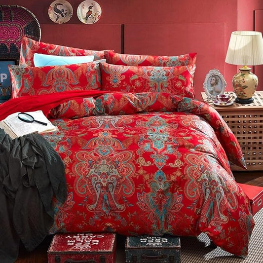 Vintage Red Floral Duvet Cover King Percale Long Staple Cotton Comforter Cover Floral Paisley Farmhouse Boho Flower Jacquard Bedding Set King Luxury Floral Red Duvet Cover with Zipper Ties