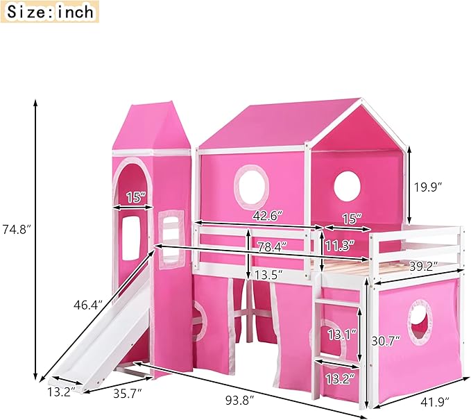 Playhouse Design Twin Size Low Loft Bed with Slide & Tent and Tower, Solid Wood Tent Bed Frame for Kids Boys Girls, Versatile Spacious Under Bed Space with Curtains (Pink-TW)
