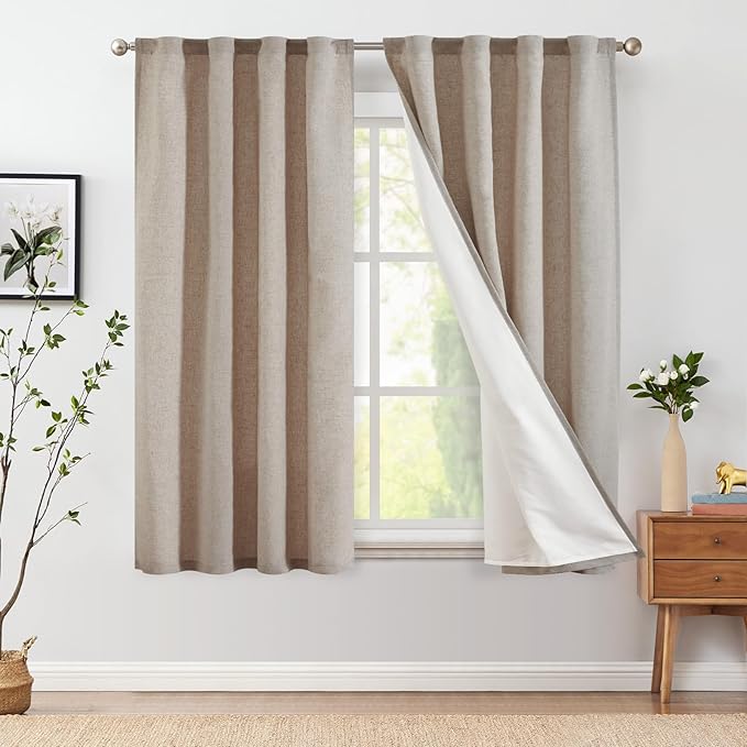 jinchan Taupe Linen Blend Curtains for Bedroom 63 Inch Length 2 Panels Curtains for Kichen Room, 50 Inch Wide Farmhouse Drapes with Rod Pocket Back Tab(50W x 63L, Taupe)