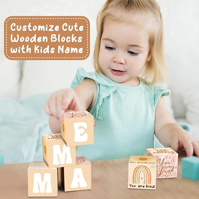 Wooden Custom Name Baby Blocks Set for Desk Table Boho Playroom Signs for Girls Boys Alphabet Inspirational Baby Room Shelf Decor Watercolor Rainbow Sun Decor for Bedroom Nursery Babies Shower Gifts