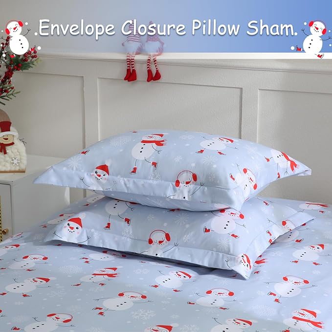 JSD Snowman Kids Duvet Cover Set Full Size, 3 Piece Blue Printed Christmas Microfiber Comforter Cover with Pillow Shams Zipper Closure, Comforter Not Included