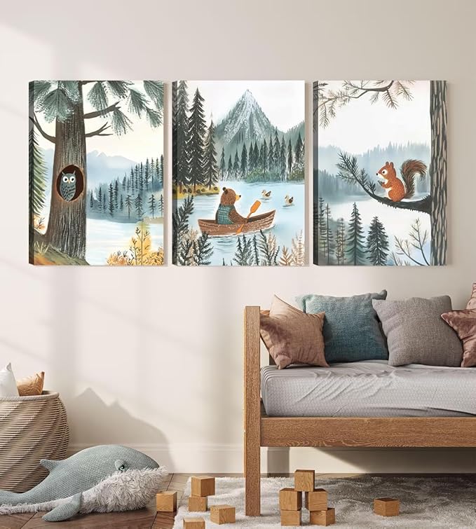 Woodland Animal Canvas Wall Art Set of 3 Bear Owl & Squirrel Posters Prints Adventure Theme Nursery pictures Wall Decor for Kids Bedroom or Playroom Ready to Hang(12x16in canvas)