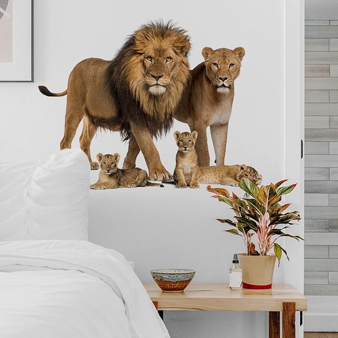 ROFARSO Lifelike Lovely Cute Lion Family Animal Vinyl Wall Stickers Removable Wall Decals Art Decorations Decor for Nursery Baby Bedroom Playroom Living Room Murals