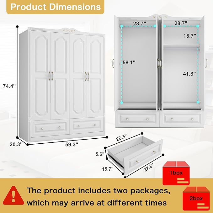 White Armoire Wardrobe Closet with Drawers: 74" Large Wardrobe Closet with 4 Doors and 2 Drawers, Bedroom Armoires with Hanging Rod, Wooden Armoire Closets for Hanging Clothes (White, 59")