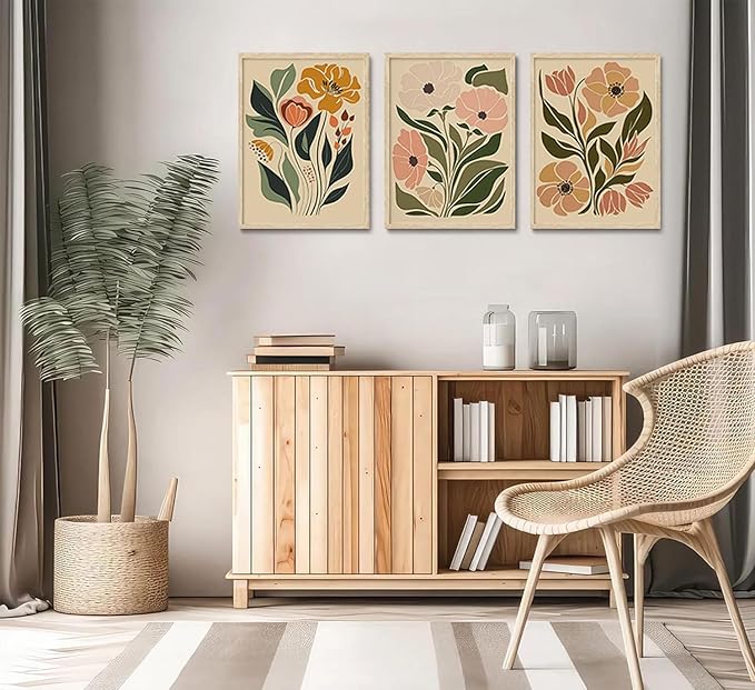 CHMMART Boho Floral Framed Wall Art Flower Canvas Art Prints Set of 3 Mid Century Modern Pictures Wall Decor Botanical Painting Artwork for Living Room Bedroom Office 16x20in
