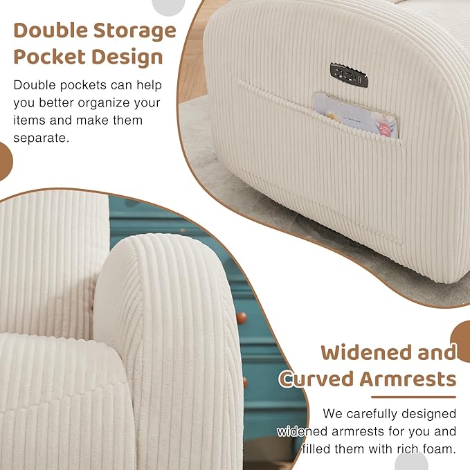 Power Nursery Glider Recliner, Swivel Glider Recliner with USB & Type-C Port, Swivel Reclining Nursery Rocker with Double Pockets for Living Room, White,Corduroy