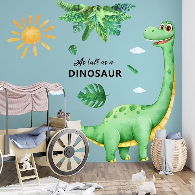 Large Dinosaur Wall Decals Removable Self-Adhesive Dino Mural with Palm Leaves Sun, Watercolor Kids Wall Stickers for Nursery Bedroom Playroom Boys Room Decor in Green and Yellow
