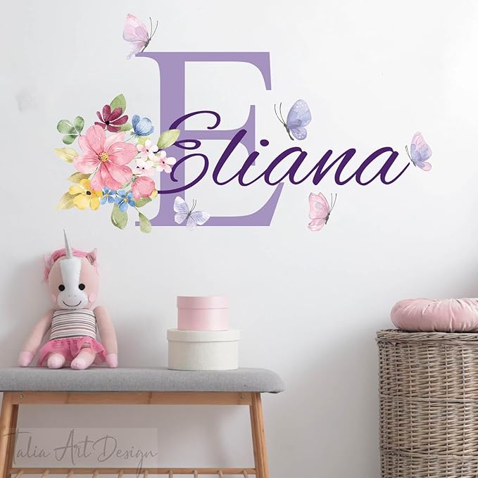 Butterfly Name Wall Sticker, Flower Custom Name Initial Name Wall Decals for Girls Room and Nursery