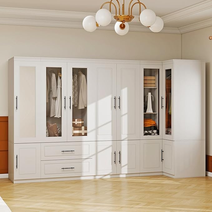 White Armoire Wardrobe Closet with 7 Door: Wood Wardrobe Closet Cabinet with Mirror Combination Corner Cabinet Wooden Bedroom Armoire with Hanging Rods for Home/Bedroom/Office