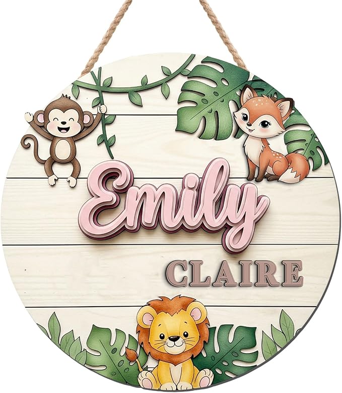 Custom Woodland Animal Name Sign – Wooden Signs Personalized Room Plaque with Monkey, Fox, Lion and Leaves, Nursery Door or Wall Hanging Decor