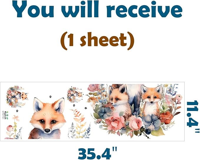 Watercolor Fox Family with Flowers Wall Decal Adorable Nursery Animal Wall Sticker Removable Waterproof Easy Peel and Stick Perfect for Kids Baby Room Classroom Living Room Bedroom Preschool