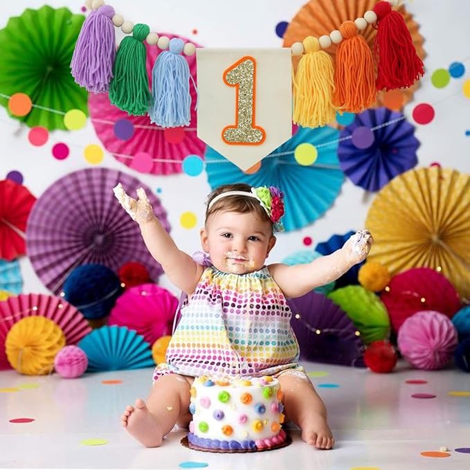Handmade Light Rainbow 1st Birthday High Chair Banner Party Decoration for Girl Baby Colorful Wall Hangings Decoration Happy One Birthday Photoshoot Props Photo Props
