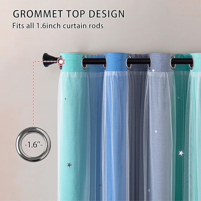 XiDi Blue Green Grey Blackout Curtains for Girls Bedroom 54 Inch Length 2 Panels Rainbow Kids Grommet Window Drapes for Nursery Living Room Decro Princess Unicorn Wall Decals 34 Inches Wide