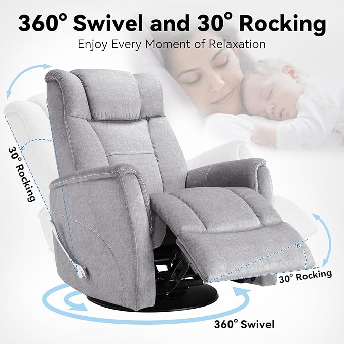 Swivel Rocking Recliner, 360° Manual Comfy Nursery Glider Rocker Chair for for Adults, Upholstered Soft Fabric Reclining Chair with Lumbar Support for Living Room (Silver Grey)