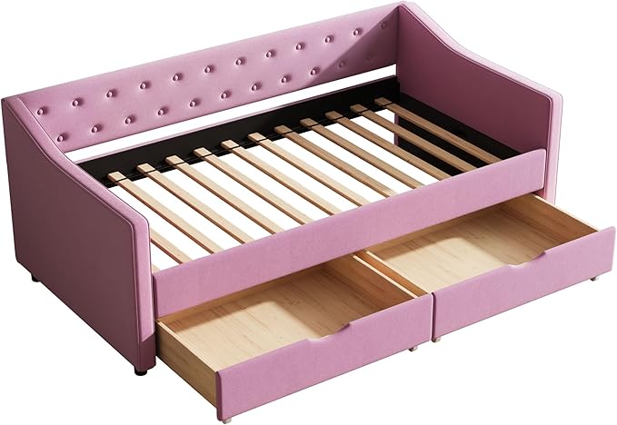 Ball & Cast Twin Size Daybed with Storage Drawers,Linen Upholstered Day Bed Frame with Button Tufted Back and Waved Shape Arms for Bedroom,Guest Room,No Box Spring Needed,Pink