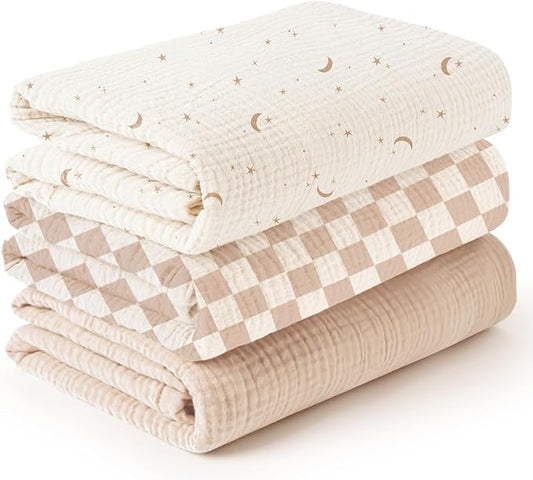 Konssy 3 Pack Muslin Swaddle Blankets for Unisex, Newborn Receiving Blanket, Large 47 x 47 inches, Soft Breathable Muslin Baby Swaddles for Boys & Girls