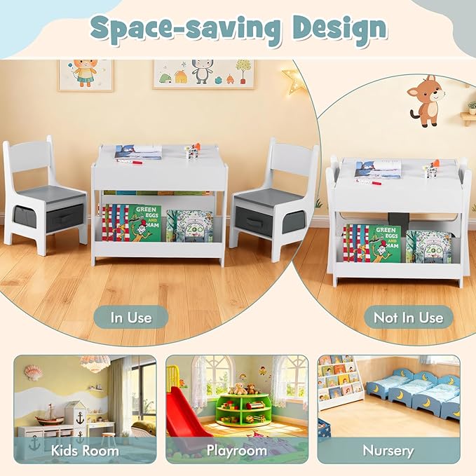 Costzon 4 in 1 Kids Table and Chairs, Wooden Toddler Activity Desk Set w/Reversible Graffiti & Building Blocks Tabletop, Storage Drawers and Bookshelves for Drawing, Reading, Crafts (Gray)