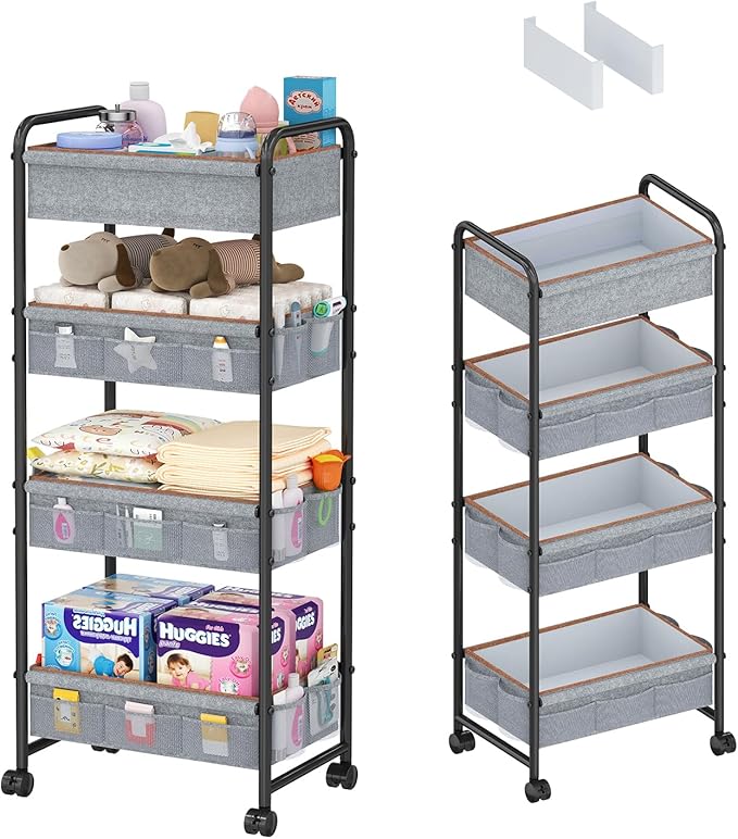 4-Tier Rolling Storage Cart,Baby Diaper Caddy Cart Organizer, Nursery Baby Dresser Organizer with Wheels,with 2 Dividers & 21 Mesh Pockets，Metal Utility Cart for Nursery,Bedroom,Bathroom