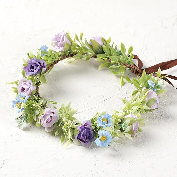 Rose Flower Crown for Women - Purple Fairy Flower Headband Sweet Hair Wreath Accessories for Women Girls Wedding Festival Party Favors Photo Prop