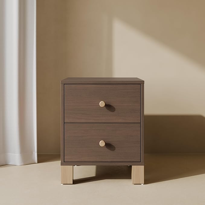 Storkcraft California 2 Drawer Nightstand for Kids Bedroom (Hazelnut with Driftwood) - GREENGUARD Gold Certified, Premium Wood Storage Nightstand with Elegant, Iconic Block Feet
