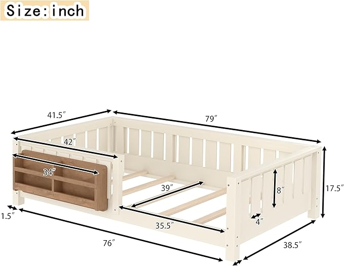 Bellemave Twin Floor Bed with Slats and Safety Guardrail, Twin Size Montessori Floor Bed with Fence and Built-in Bookshelf, Easy Assemble Montessori Beds for Kids, Girls, Boys, Beige