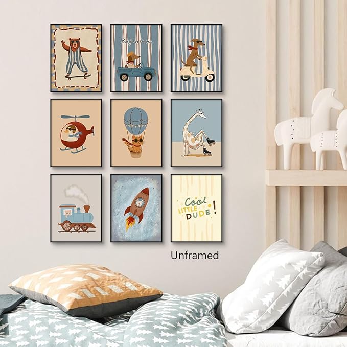 9 Pieces Nursery Animals Canvas Wall Art, Kids Room Cute Bear Dog Cat Giraffe and Bunny Picture, Skateboard Cars Rocket and Hot Air Balloon Poster for Boys Bedroom Playroom 12x16in Unframed