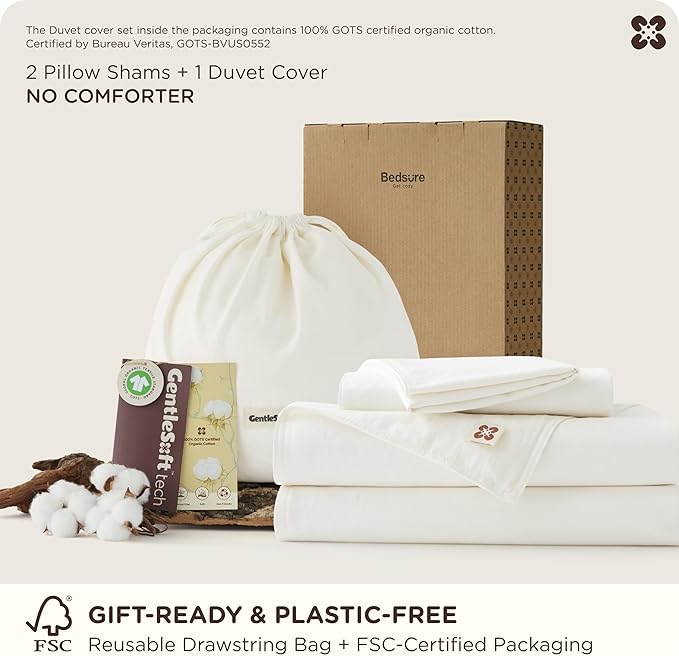 Bedsure Cotton Duvet Cover Queen, 100% GOTS Organic Cotton Duvet Cover Set, Fair Trade Certified Queen Bedding Set, Eco-Friendly, Ultra-Soft, Breathable Home Bedding for All Seasons(Ivory, 90"x90")