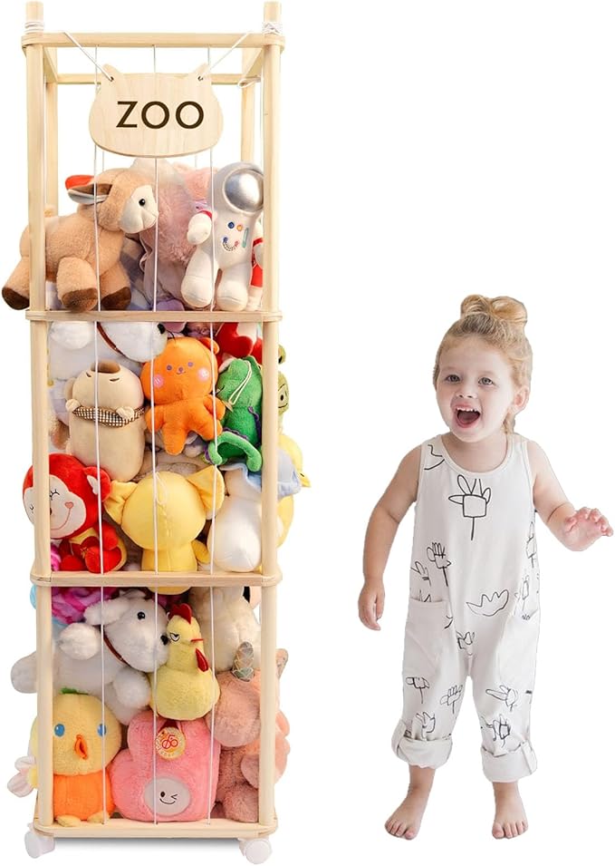 Stuffed Animal Storage, Wood Stuffed Animal Zoo Storage, Space Save Stuffed Animal Holder, Plush Toy Storage Organizer with Brake Wheels for Bedroom Playroom Nursery Bedroom