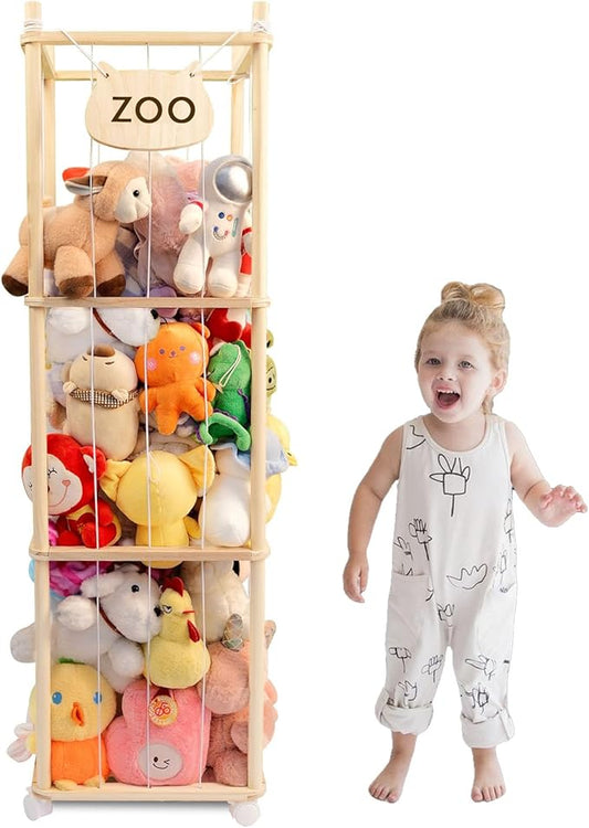 Stuffed Animal Storage, Wood Stuffed Animal Zoo Storage, Space Save Stuffed Animal Holder, Plush Toy Storage Organizer with Brake Wheels for Bedroom Playroom Nursery Bedroom