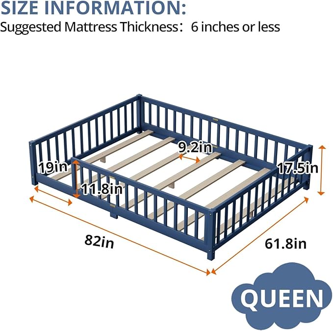 LLS Queen Floor Bed for Kids Toddlers, Solid Wood Multifunctional Montessori Bed Frame with Safety Guardrails, Without Door, Easy Assemble, Mist Blue