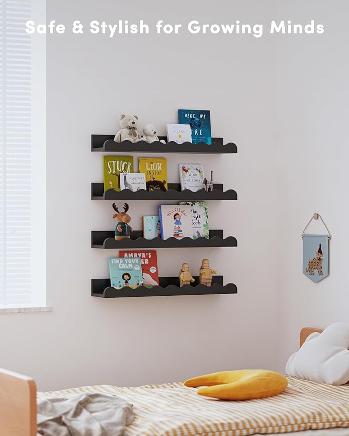 Kids' Bookshelf Set of 4 - Black Floating Nursery Book Shelves, Picture Ledge Shelf for Wall Decor and Storage - Perfect for Books, Toys, Photo Frames, and Nursery Décor