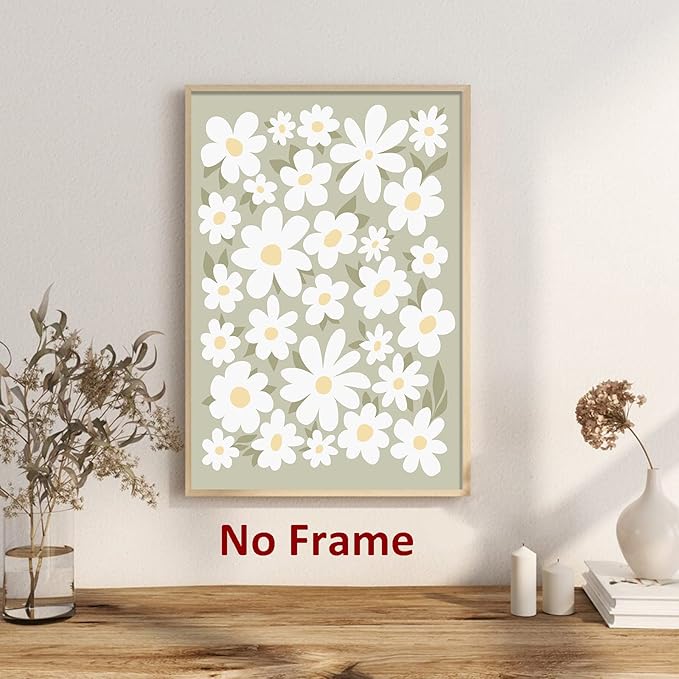 Daisies Canvas Wall Art Modern Flower Painting White Daisy Picture Minimalist Flower Posters Green Floral Painting Rustic Botanical Wall Art White Flower Pictures for Living Room Bedroom 16x24in