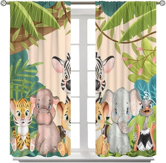 Animals Curtains Colorful Forest Cartoon Cute Zebra Tiger Elephant for Kids Boys Girls Nursery Bedroom Living Room Blackout Rod Pocket Decoration Window Drapes 2 Panels W27.5xL63in