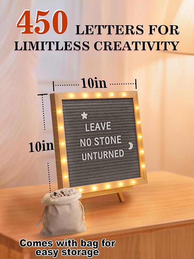 Changeable Felt Letter Board with LED Lights - 10×10" Message Custom Signs & Wood Stand & 450 Letters, Poster Board for Christmas/Pregnancy/Baby Announcement/Classroom Wall Decor Gifts, Grey