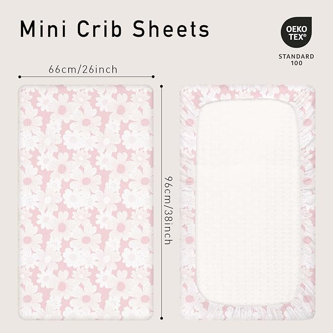 Gllquen Baby Muslin Mini Crib Sheets 3 Pack, Breathable Pack and Play Sheets Fitted Soft Cozy Cotton Pack N Play Sheets for Baby Boy Girls, Universal Fitted Mini Crib Mattresses 38"x26" (Pink)