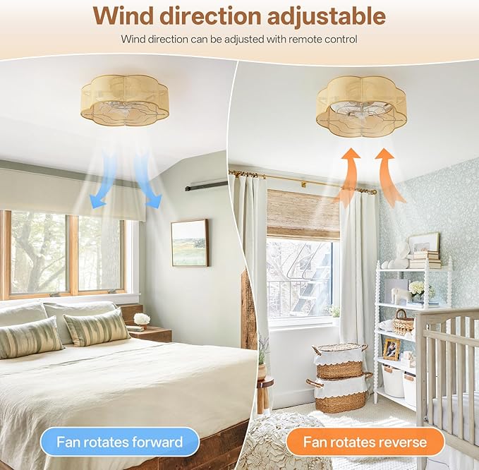 Caged Ceiling Fan with Lights, Flush Mount 20" Boho Ceiling Fans with Lights Remote Control, Low Profile Rattan Bladeless with 6 Speeds for Bedroom, Nursery, Kitchen