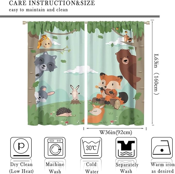 Forest Animals Curtains Colorful Forest Cartoon Cute Fox Bear Giraffe for Kids Boys Girls Nursery Bedroom Living Room Blackout Rod Pocket Decoration Window Drapes 2 Panels W36xL63in