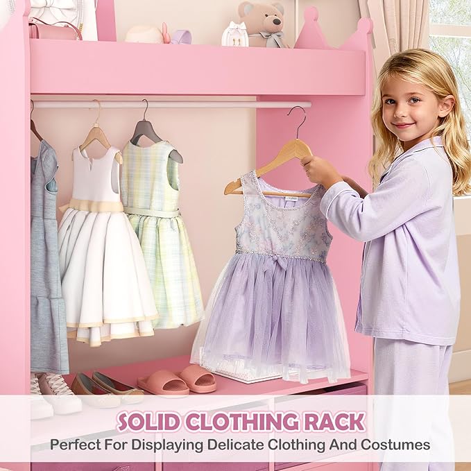 COSVALVE Kids Dress Up Storage with Mirror and Drawers, Kid Armoire Dresser, Pretend Storage Closet for Kids, Costume Wardrobe with Top Shelf for Playroom Bedroom, Lovely Pink