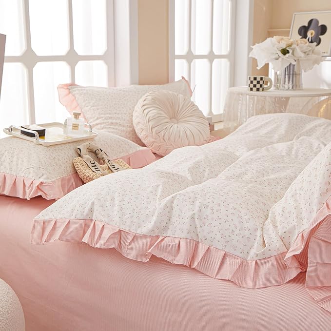 Pink Flower Duvet Cover Twin Chic Floral Print Ruffle Duvet Cover Cotton Lace Comforter Cover Country Style Floral Bedding Set Romantic Ruffle Comforter Cover Flower Bedding Cover with 2 Pillowcases