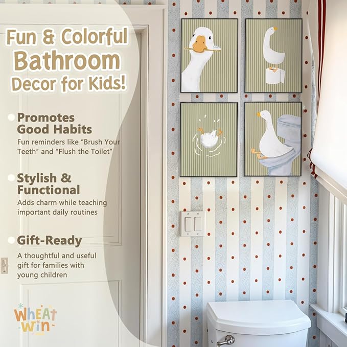 Wheatwin Kids Bathroom Decor, Goose Nursery Animal Poster Prints, Bathroom Wall Decorations for Kids Toddler Boys Girls Toilet Washroom Farmhouse, 8x10 Unframed 4Pcs - Sage Green