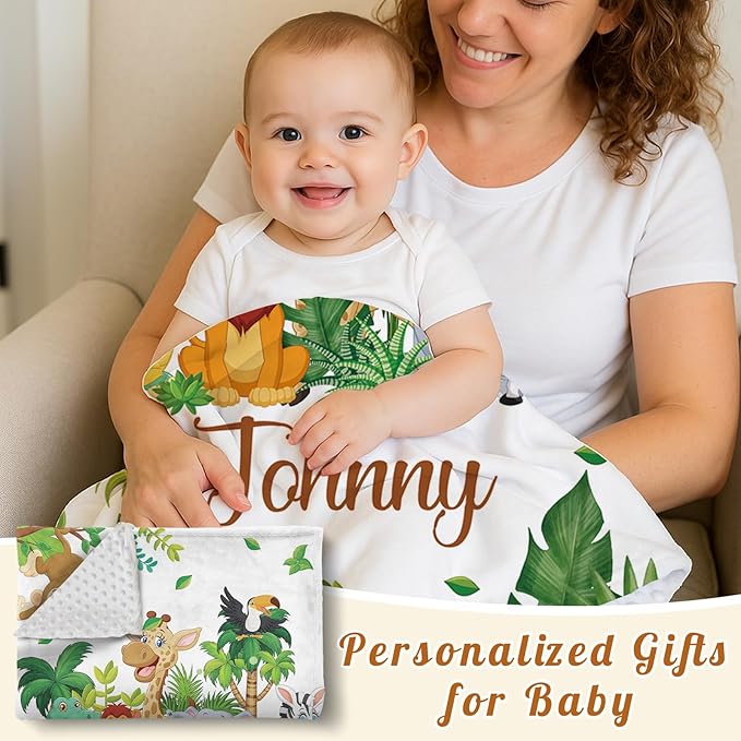 Personalized Baby Blanket with Name, Customized Blanket for Newborn Boys Girls, Woodland Animals Flannel Baby Name Blanket with Dotted Backing, Receiving Swaddle, Gifts for New Parents(60"x80)