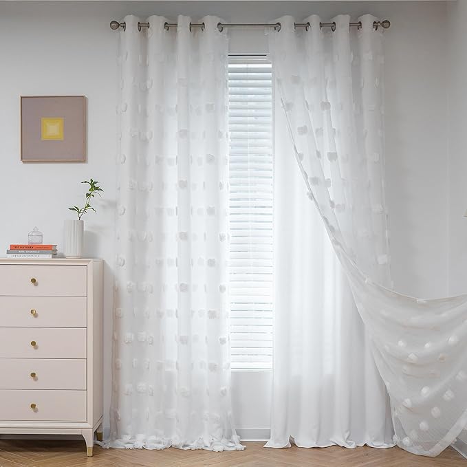 MYSKY HOME Light Blocking White Curtains for Living Room White Sheer Pom Pom Kids Room Decor Drapes 108 Inches Long Double Layer Curtain for Sliding Door Grommet Window Panels Set of 2 52" x 108"