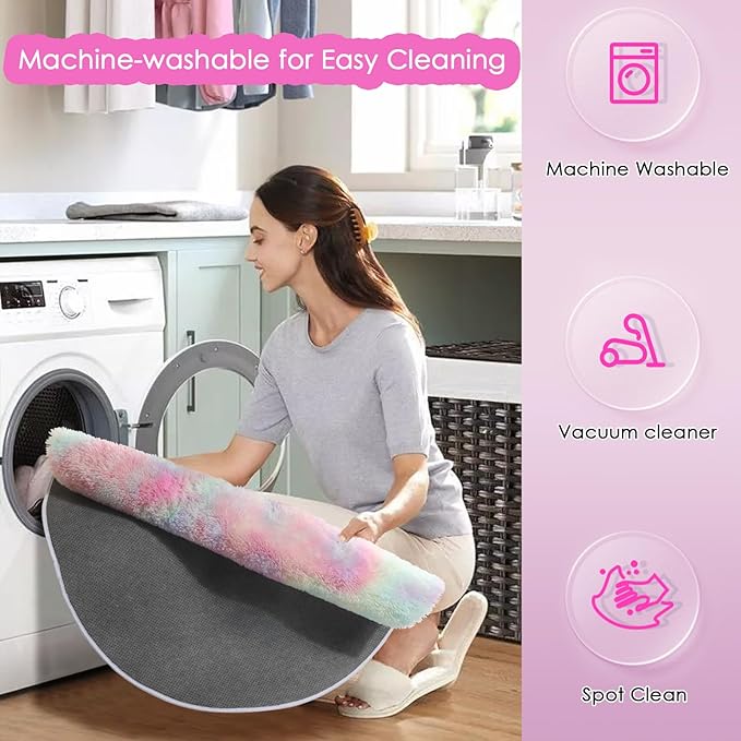 Amdrebio Rainbow Fluffy Round Rug 6Ft Kids Rugs for Girls Bedroom, Unicorn Room Decor, Colorful Pastel Plush Floor Carpet for Playroom Baby Nursery, Cute Shag Kawaii Circle Area Rug for Teen Princess