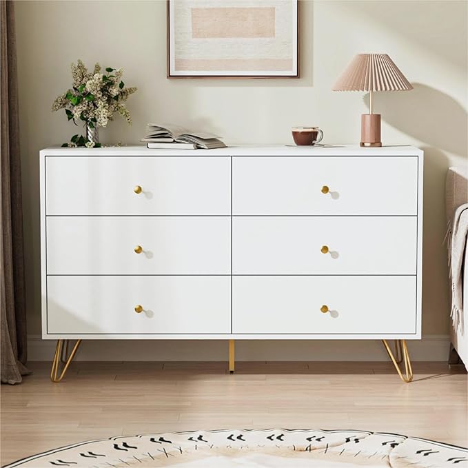 White Dresser for Bedroom, 6 Drawer Dresser with Golden Handles, Large Storage Cabinet, Modern Chest of Drawers Organizer Storage for Hallyway, Entryway