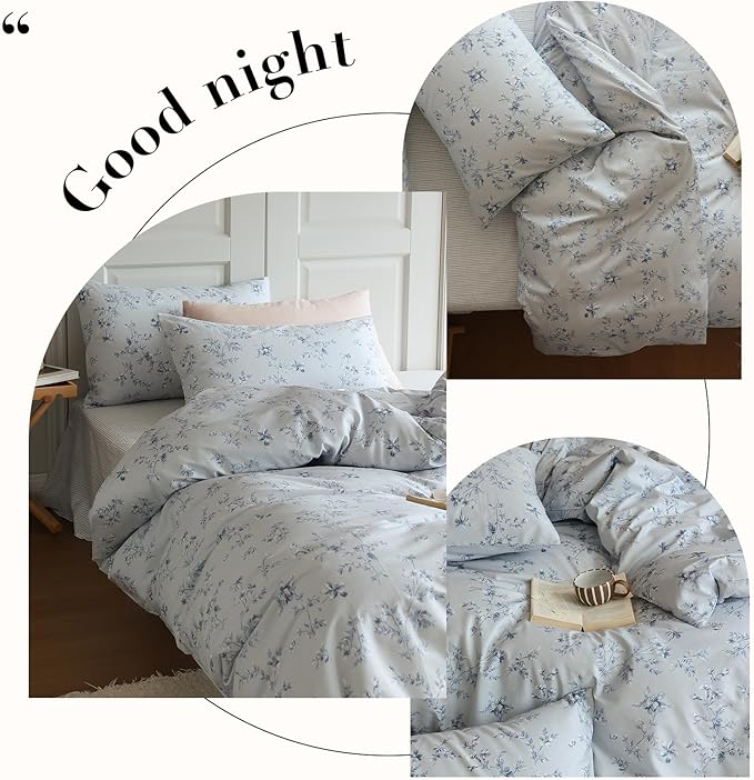 LifeTB Vintage Blue Floral Duvet Cover Queen 100% Cotton Retro Flower Bedding Comforter Cover Boho Garden Floral Bedding Set Farmhouse Cottagecore Duvet Cover with Zipper Closure 4 Ties